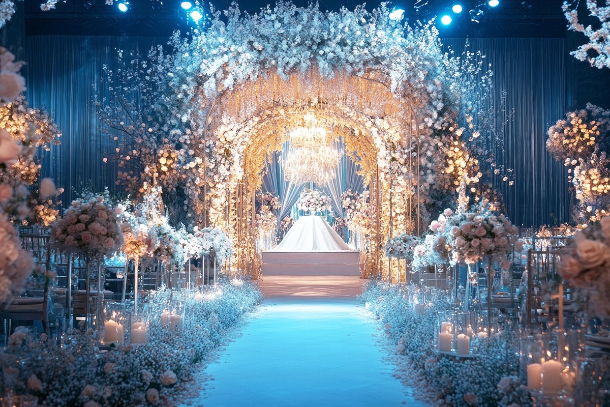 A wedding reception hall with a long white archway and a large white dresser. The archway is decorated with flowers and the dresser is adorned with flowers. The hall is filled with chairs and tables